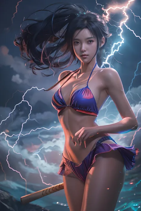 there is a woman in a bikini holding a baseball bat, nami from one piece, nami one piece, deviantart artstation cgscosiety, splashes of lightning behind her, epic digital art illustration, goddess of lightning, epic fantasy digital art style, epic fantasy ...