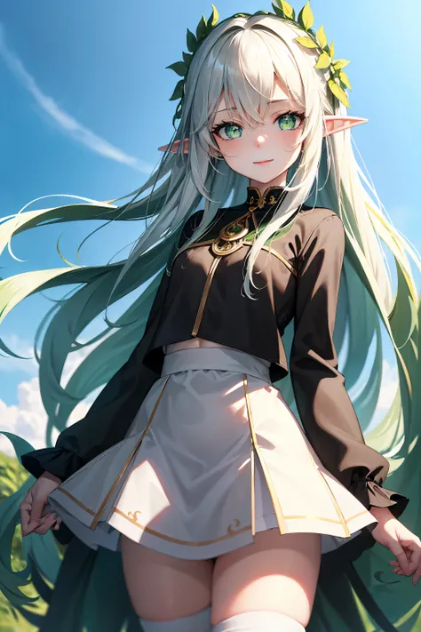 The elf stands and looks at the camera, A girl stands at a fair, green eyes and white hair, The wind lifts the skirt, You can see the underpants, blue skies, Beautiful clear blue sky, green hairpins in the hair, skinny waist, Slender figure, Appearance of ...