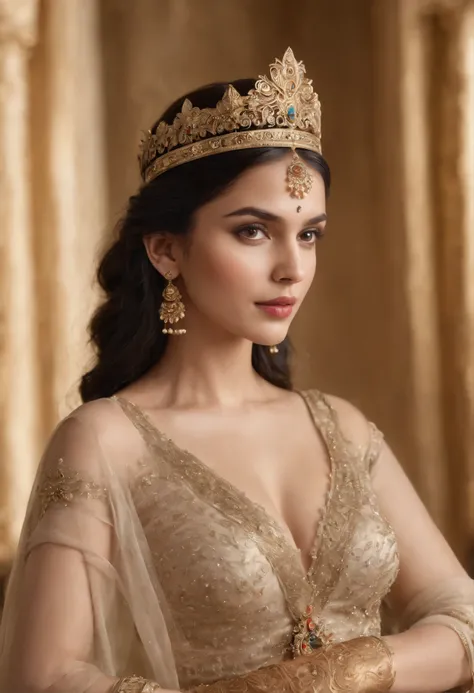 Queen goddess of Indian, with black hair and brown eyes, is glossy-skinned with big tits,looks gorgeous and dignified, has high self-esteem, no dress no bra with jeweled belt, puts on an golden crown, is sitting on golden throne, is commanding servants, se...