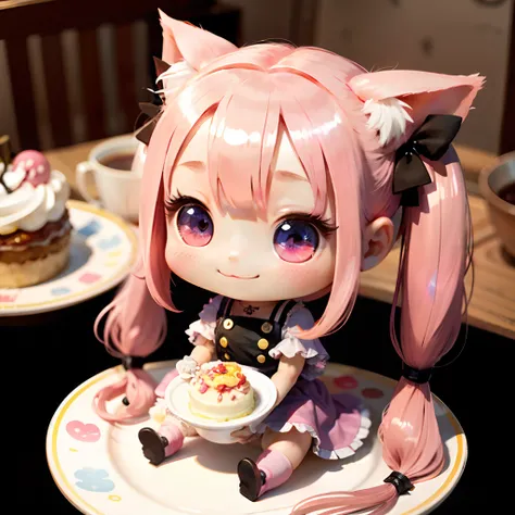 Cute chibi anime sitting on a plate, long pink hair with twin tails、I have cat ears、Wear a blue mini dress, Smiling, Logo is cheap、Iridescent colors、Heavily