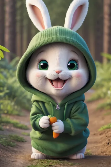 little cute milo bunny wearing a green hoodie mouth open about to bite a carrot, cartoon character, bright lighting, vivid colors, in the forest, disney and pixar style, tilted head showing curiosity,