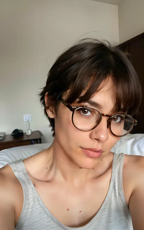 cute beautiful brunette with no make up in bed, selfie, natural, tired, wearing geek glasses, very detailed, 25 years old, short hair, brown eyes, high-res, best quality, intricate details, highly detailed, detailed skin, realistic skin texture, detailed e...