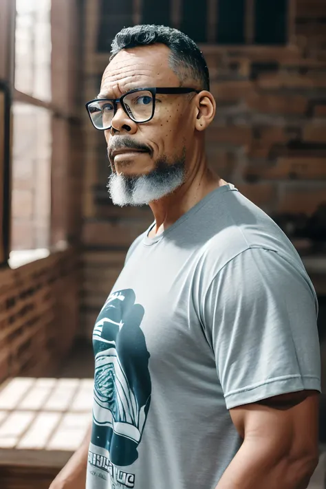 guttovendo1, uma fotografia em estilo de documento 3x4. Chest up portrait of a man wearing glasses, com tinta colorida espalhada em seu rosto e roupas, body and gaze facing the camera, vestido com uma camiseta listrada horizontalmente com todas as 7 cores,...