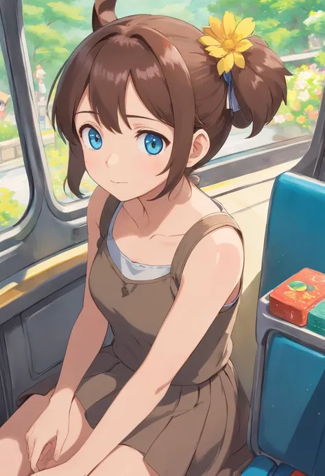 masterpiece, best quality, 1girl, solo, natsuiro matsuri, blue eyes, brown hair, petite, side ponytail, cat hair ornament, side ponytail, ahoge, lat chest, sandy brown tank top, flower trim, lightslate gray skirt,, hair ribbon, barefoot, on the bus, crowd,...