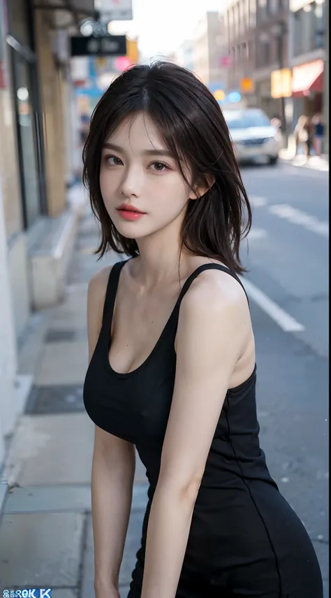 ((Best quality, 8k, Masterpiece :1.3)), Whole body, Sharp focus :1.2, A pretty woman with perfect figure :1.4, Slender abs :1.2, ((Dark brown hair, Big breasts :1.2)), Tank top dress :1.1, (Neon, On street:1.1), Highly detailed face and skin texture, Detai...