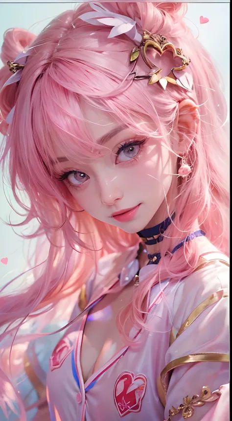 1girll,（Captivating quality：1.4），（True textured skins of the highest quality), Delicate face,Pink twin-tailed hair, Gradient Hair, （perfect bodies：1.1），Heart-shaped choker、long eyelasher,grin, hyperphotorealism, Cinematic lighting, projected inset, surreal...