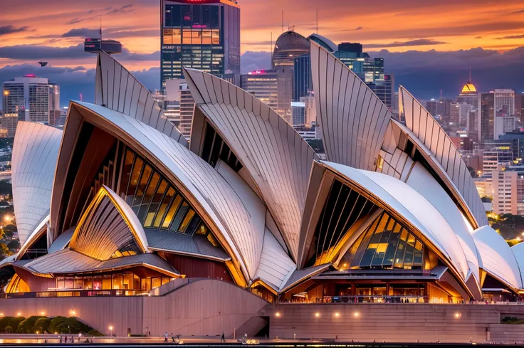 (a beautiful night view of the Sydney Opera House, vibrant colors, picturesque)(best quality, highres:1.2),ultra-detailed,sharp focus,HDR,studio lighting,physically-based rendering,vivid colors,glowing sunset,orange and pink hues,picturesque sky,the iconic...