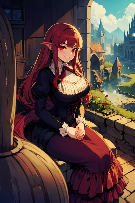 1 vampire girl, fantasy, Victorian, village, maroon hair, smug, cute