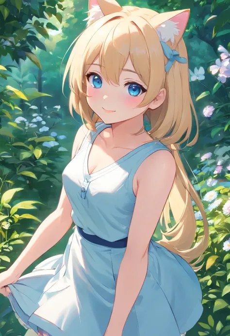 Cat-eared girl in white dress standing in garden, BREAK，Blonde long hair，blue eyes，(((Sleeveless))), smiling mischievously, cleavage of the breast，((Pull up your skirt to show your panties))，loli in dress, small curvy loli, (Chibi:1.3), artwork in the styl...