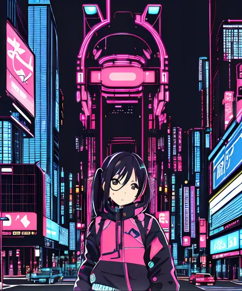 ​masterpiece, top-quality, 1girl in, 独奏, natta, Colorful, Cityscape, cyberpunked, Light smile, City Pop, vector illustrations、12year old