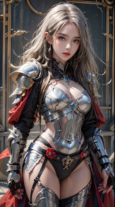 photorealistic, high resolution, soft lights, 1women, solo, hips up, blue eyes, full light armor, red armor, cloak