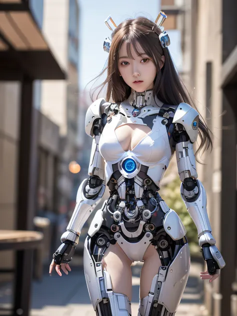 ((Robot Girl, mechs)), Glowing eyes, Delicate face, broken armor, Mechanical aura, Mechanical arm, Gray hair, Long hair, ceramic body, Thigh gap, tiny chest, cyber background, Very nice city, (translucent, reflection skin), 8K, Best Quality, Ultra-detailed...