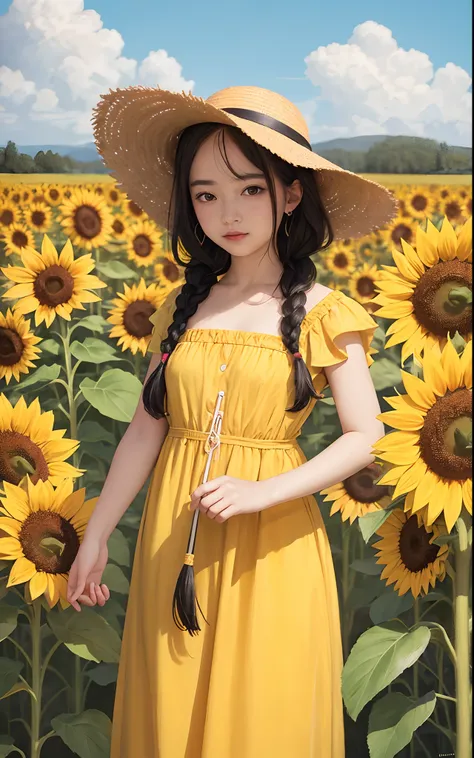 (4K quality, a masterpiece) A girl. He wears a sunflower straw hat and braids on his head. The background is a large field of sunflowers, rendered in oil painting style, with black hair in ultra high definition.