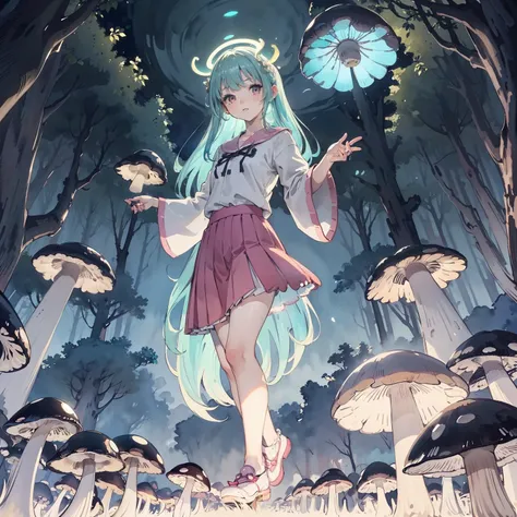 Beautiful and aesthetic,, Solo,Cute,colorfulhair,pleatedskirt，Dance，Cogumelos，Mushrooms，Huge mushrooms，spore，(glowing ambiance, enchanting glow, luminouslighting, Ethereal atmosphere,Watercolor illustration, Perfect anatomy, Masterpiece, Best quality, 1gir...