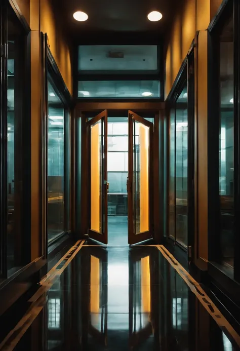 entrance to a lab, high tech, two glass doors, ominous, scary