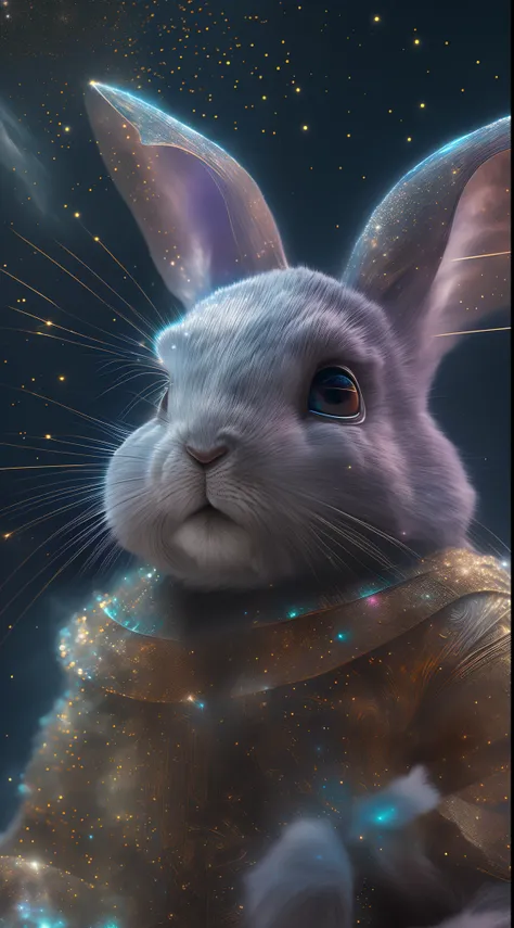 (Best quality,4K,8K,A high resolution,Masterpiece:1.2),Ultra-detailed,(Realistic,Photorealistic,photo-realistic:1.37),galaxias, Starskrim, Starcloud, Bright stars,Spiral smoke, glitters, intricately details, (The shape of a rabbit), rendering by octane, re...