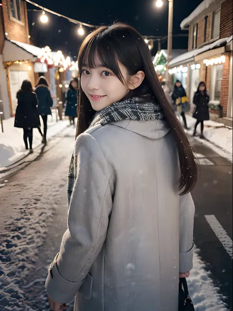 (Close-up portrait from the back of one slender girl has long hair with dull bangs and a gray scarf white winter coat in winter uniform:1.5)、(One girl、I let my hair flutter in the wind、I turned around with a cry smile. :1.3)、(Snowing winter night street co...