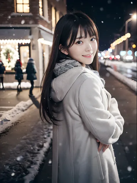 (Close-up portrait from the back of one slender girl has long hair with dull bangs and a gray scarf white winter coat in winter uniform:1.5)、(One girl、I let my hair flutter in the wind、I turned around with a cry smile. :1.3)、(Snowing winter night street co...