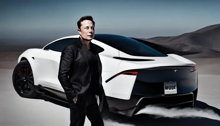 "Generate a vivid description for a captivating image of Elon Musk set against a stark black and white backdrop. Elon Musk, the visionary entrepreneur, stands tall, exuding an aura of innovation and determination. Behind him, a billowing plume of thick, sw...