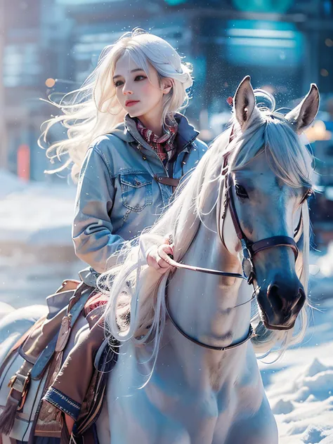 beautiful, young woman, in the crystal and ice area, fluttering snow, horse riding, a white hourse, gradient hair, white hair, blue hair, long hair, eye reflection, disdain, ray tracing, reflection light, blurry, glowing light, depth of field, chiaroscuro,...