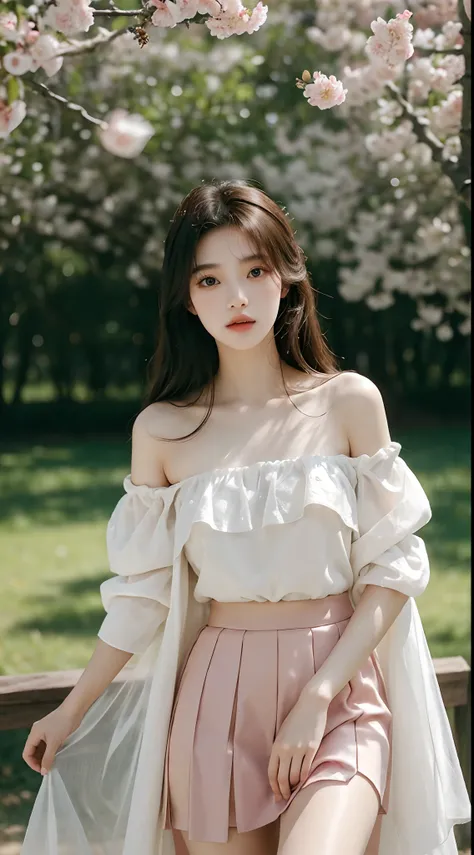 (Best quality, Masterpiece，16k), 1girll, Korean girl，18yr old，Absolutely beautiful, Amazing, In the park，Under the peach blossoms，Noble,perfect bodies, Perfect face shape，Charming eyes，Bright big eyes，二重まぶた，Long eyelashes，sensual lip，White skin，The gauze s...