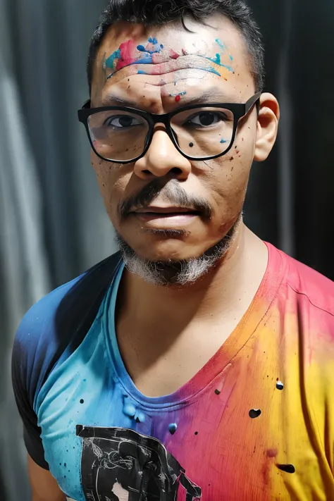 guttonerdvision10, a 3x4 document-style photograph. Portrait from the chest up of a man wearing glasses, with colorful paint splattered on his face and clothes, body and gaze facing the camera, dressed in a horizontally striped T-shirt with all 7 colors, v...