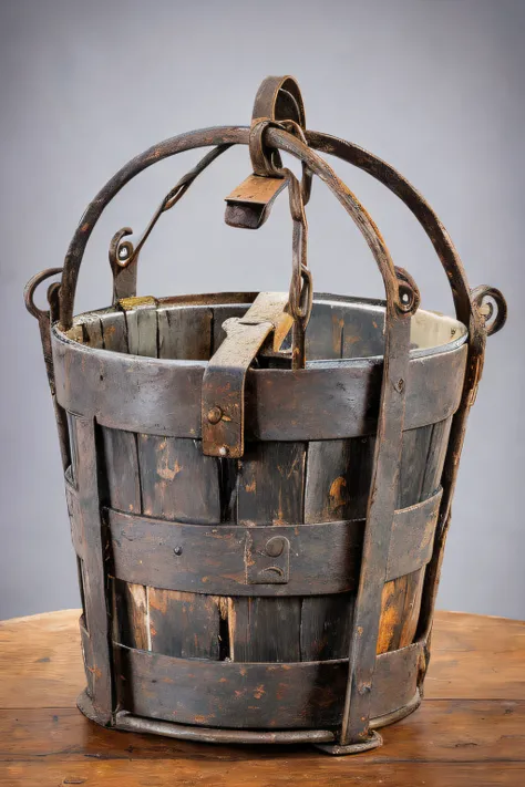 there is a wooden bucket with a metal handle on a table, by George Barret, Jr., quirky 1 9 th century, breathtaking detail, fuller, a wooden, a photograph of a rusty, an old, by John Ellsworth Weis, very very well detailed image, former, by Robert Brackman...