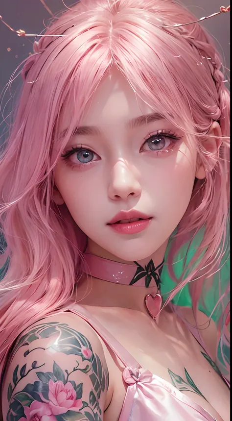 1girll,（Captivating quality：1.4），（True textured skins of the highest quality), Delicate face,Pink twin-tailed hair, Gradient Hair, （perfect bodies：1.1），Heart-shaped choker、long eyelasher,grin, hyperphotorealism, Cinematic lighting, projected inset, surreal...