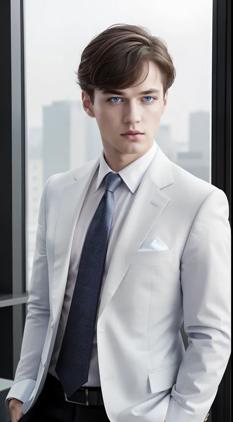 Masterpiece, Superb work, , white business suit, 中景 the scene is，schoolboy, Perfect male, , grey blue eyes, Pale pink lips, Cold, Intellectual faces,sat in an office，