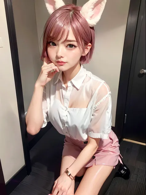 Pink short cut hair，(8K, top-quality, ​masterpiece:1.2), (realisitic, Photorealsitic:1.37), ultra-detailliert, 1 girl in, full body Esbian, Hotel Rooms, (Adjusted hair:1.5) Officelady, Black Office Blazer, black office skirt,White shirt， (panthyhose: 1.2)、...