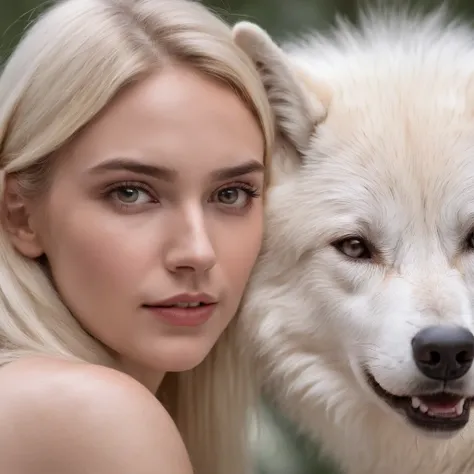 a blonde young european woman friendly and intimate with a white wolf, close up, ultra realistic,