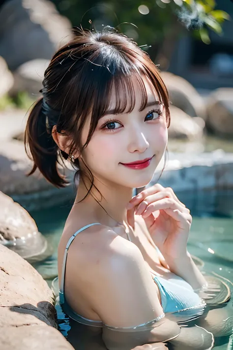 A hot spring resort in the mountains of Japan,beautiful mountain in background々,outdoor bath、(Hot water smoke blocking the view Water vapor rising from the rock bath:1.3),(Rock bath:1.3),(Take a deep shoulder soak in the open-air bath:1,3),Upper body naked...