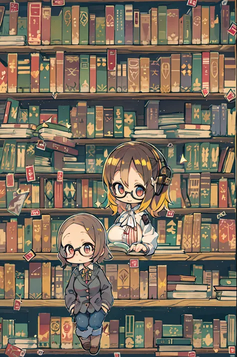 Huge library、1 librarian、One Woman、small round glasses、huge-breasted、Chibi