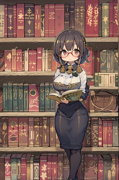 Huge library、1 librarian、One Woman、small round glasses、huge-breasted、Chibi