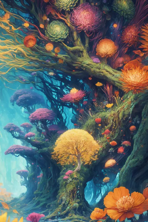 colorful scenario, the world tree, a large elven tree, elven forest, overhead view, yggdrasil, fentezi, an incredibly large tree...