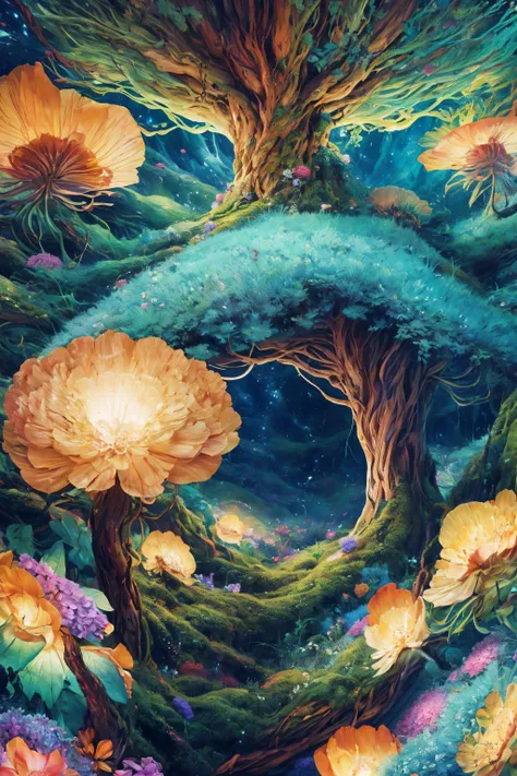 colorful scenario, the world tree, a large elven tree, elven forest, overhead view, yggdrasil, fentezi, an incredibly large tree...