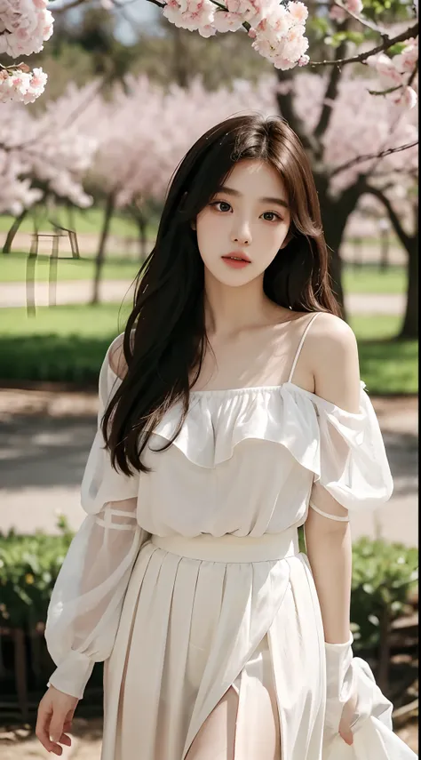 (Best quality, Masterpiece，16k), 1girll, Korean girl，18yr old，Absolutely beautiful, Amazing, In the park，Under the peach blossoms，Noble,perfect bodies, Perfect face shape，Charming eyes，Bright big eyes，二重まぶた，Long eyelashes，sensual lip，White skin，The gauze s...