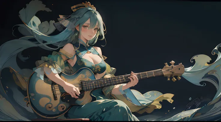 layered textures, Single Color, Calotype, Beautiful slim Yuan Dynasty Lady, Big Boobs, Long Blue-Green hair, Offset print, Abstract Art, Oversaturated, Blue long dress, Playing Harp, Facing Viewer, Floating,