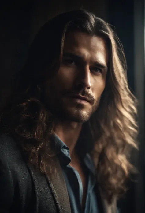 Storng attractive man with long hair and sexy look