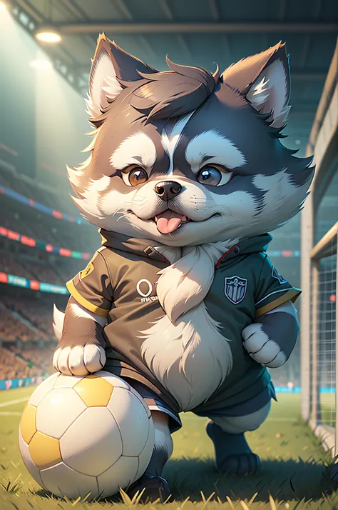 C4tt4stic,Siberian Husky dog in the cartoon of the legendary club soccer player kicking a soccer ball（The specifics of the appearance of the Siberian Husky Province、Body hair is light gray