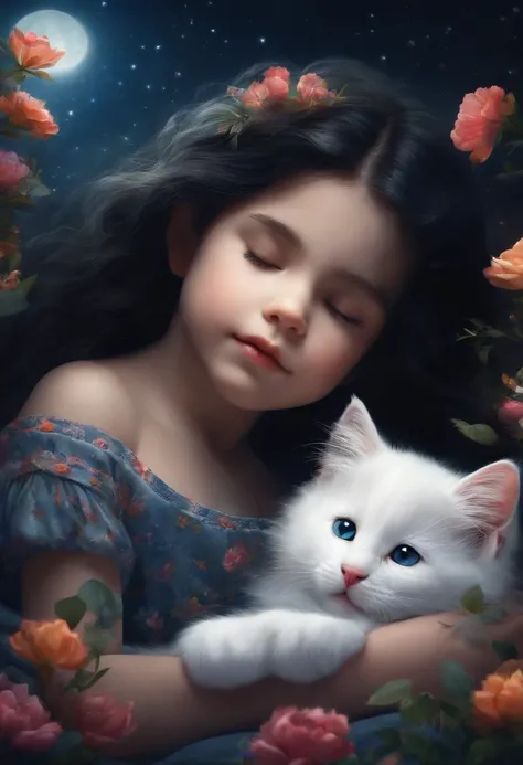 A little girl and a fluffy white kitten, flowers, sleeping, long black hair, night, starry sky