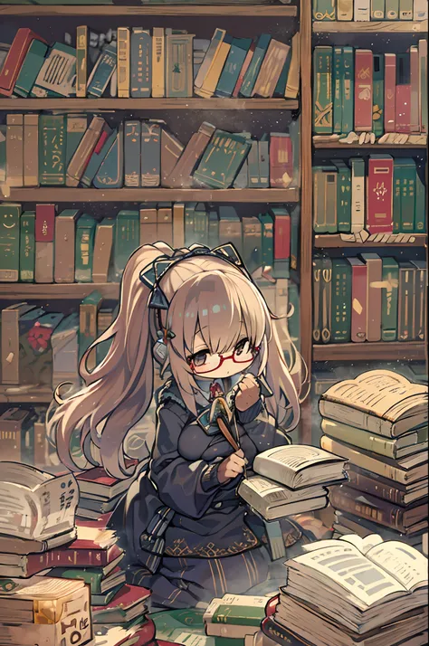 Huge library、1 librarian、One Woman、small round glasses、huge-breasted、Chibi