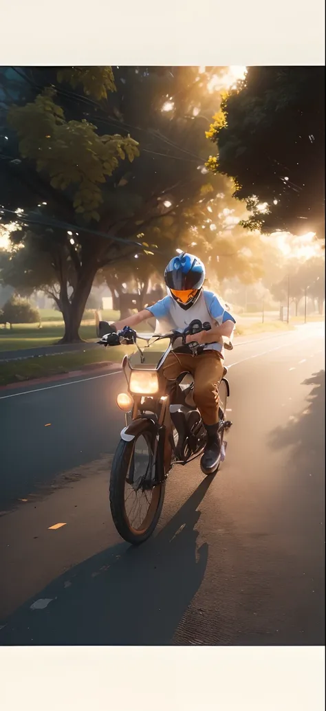 A boy riding bike , wearing helmet,looking straight,side view,a tree in background,brown pants, light brown shirt ,blue headlight of the bike,8k,hyper realistic