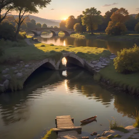 Best quality, realistic, realistic, extremely detailed, extremely refined and beautiful, RAW photos, an old and dilapidated stone bridge, under the stone bridge there is a small river leading to the distance, the river is flowing slowly, the river comes fr...