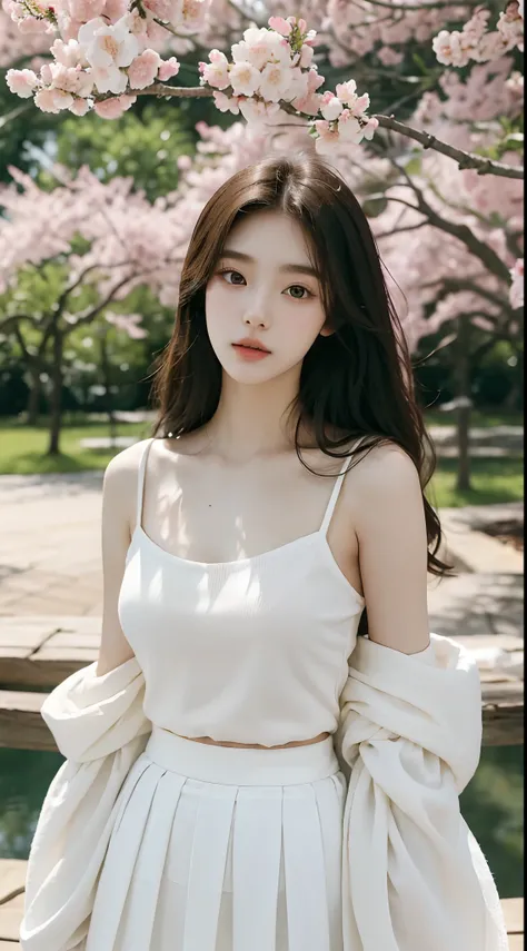 (Best quality, Masterpiece，16k), 1girll, Korean girl，18yr old，Absolutely beautiful, Amazing, In the park，Clear lake，gazebo，Under the peach blossoms，Noble,perfect bodies, Perfect face shape，Charming eyes，Bright big eyes，二重まぶた，Long eyelashes，sensual lip，Whit...