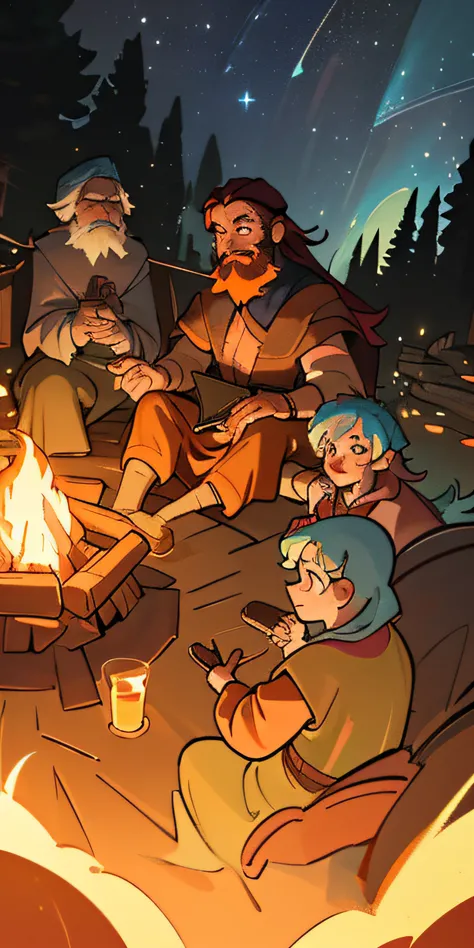 Generate an HD-sized illustration of a man with a long, flowing beard and a twinkle in his eye, sitting by a campfire under a starry night sky. Hes surrounded by fellow travelers, and the firelight dances on their faces. The storyteller holds a leather-bou...