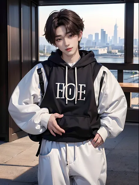 ((4K works))、​masterpiece、（top-quality)、((high-level image quality))、Happiness、((One Manly Boy))、K-pop idol photos、Slim body、((Stylish black hoodie and white pants))、((Carrying a black backpack))、(Detailed beautiful eyes)、With stunning city views in the ba...