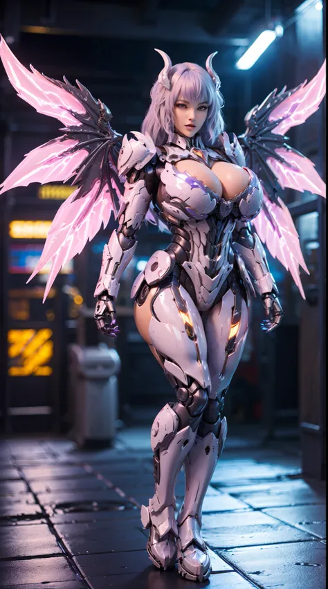 HUGE FAKE BOOBS, (BEAUTY PURPLE, WHITE), FUTURISTIC DRAGON ARMOR GEAR, FUTURISTIC MECHA SUIT, (CLEAVAGE), ((LARGEST MECHANICAL DRAGON WINGS)), (TALL LEGS), FRONT, (STANDING), SEXY BODY, MUSCLE ABS, UHD, 8K, 1080P.