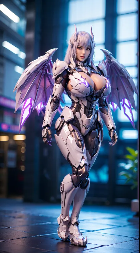 HUGE FAKE BOOBS, (BEAUTY PURPLE, WHITE), FUTURISTIC DRAGON ARMOR GEAR, FUTURISTIC MECHA SUIT, (CLEAVAGE), ((LARGEST MECHANICAL DRAGON WINGS)), (TALL LEGS), FRONT, (STANDING), SEXY BODY, MUSCLE ABS, UHD, 8K, 1080P.