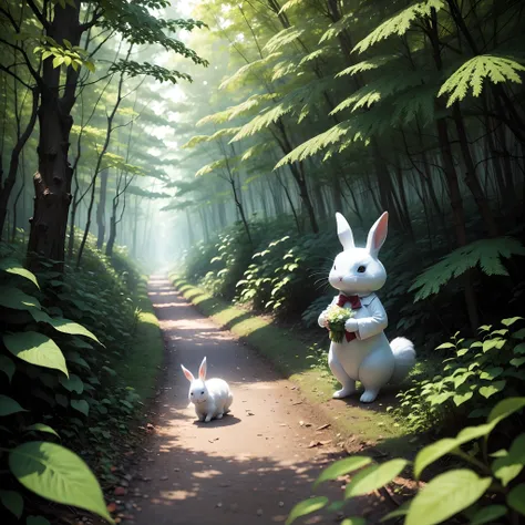 The little white rabbit is alone in the forest